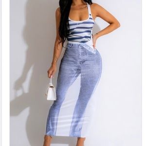 Screen print denim maxi dress
